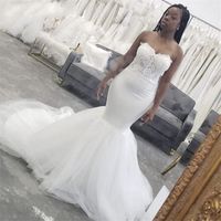 Wholesale 2020 African Style Sweetheart Mermaid Wedding Dresses Satin Lace Applique Crystal Beaded Tulle Puffy Train Bridal Wedding Gowns