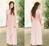 Wholesale Dusty Rose Pink Boho Bridesmaid Dresses with Sleeve Lace Chiffon O neck Full length Country Beach Junior Maid Of Honor Wedding Guest Gown