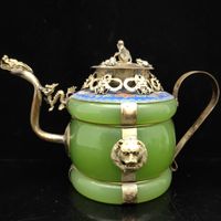 Wholesale Chinese old Tibetan silver Dragon Lion Green jade Cloisonne teapot Monkey Lid