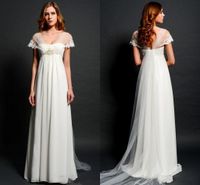 Wholesale Sheer Lace Bolero Cap Sleeves Wedding Dresses for Pregnant Women Empire Waist V neck Illusion Back Elegant Beach Bridal Gowns