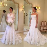 Wholesale Mermaid Lace Wedding Dress with Jacket Long Sleeve High Neck Bow Belt Sweep Train Elegant Bridal Gowns Court Train Custom Size