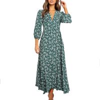 Wholesale Summer Vintage Casual Sexy V Neck Puff Long Sleeves Flowy Green Navy Blue A Line Fitted Floral Print Maxi Dresses for Women