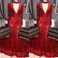 Wholesale Red Royal Blue Gorgeous Bling Sequins Prom Dresses Mermaid Long Sleeves V Neck Evening Dress Women Elegant Party Gowns BC0842