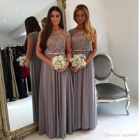 Wholesale 2018 Elegant Long Grey Bridesmaids Dresses Jewel Neck Capped Sleeves A line Floor length Chiffon Maid of Honor Dress Plus Size Formal Gowns