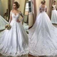 Wholesale 2020 Vintage Long Sleeve A Line Wedding Dresses Arabic Off Shoulder Lace Appliqued Bridal Gowns With Court Train Plus Size Maternity Dress
