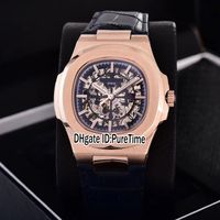 Wholesale New Classic Rose Gold Blue Skeleton Big Logo Asia Automatic Mens Watch Blue Leather Strap Watches Colos Puretime PB307e5
