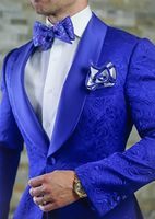 Wholesale Embossing Groom Tuxedos Royal Blue Mens Wedding Tuxedos Shawl Lapel Man Jacket Blazer Fashion Men Prom Dinner Piece Suit Jacket Pants Tie