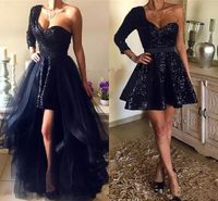 Wholesale Black Sequins Prom Evening Formal Dresses with Tulle Detachable Train One Shoulder High Low Short Cocktail Special Occasion Gowns