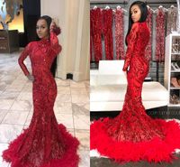 Wholesale New Red Mermaid Feather Prom Evening Dress Sexy Sheer Lace Long Sleeve Party Gown Sexy African Black Girl High Neck Pageant Dresses