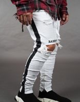 Wholesale Hiphop Skateboard Pencil Pants Mens Jean Pantalones Street Black Holes Designer White Stripes Jeans