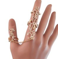 Wholesale Rhinestone Shiny Crystal Siamese ring Hollow Flower Full Finger Rings Gold or Silver Chain Link Armor Knuckle Open Ring gift