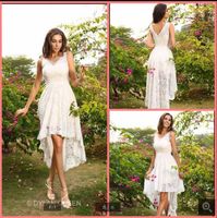 Wholesale 2020 attractive white Lace Short wedding Dresses A line High Low Sleeveless V Neck Wedding Party Dresses summer beach reception bride dress