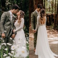Wholesale Bohemian Simple Wedding Dresses Sexy Backless Long Sleeves Sweep Train Country Boho Bridal Gowns Custom Made