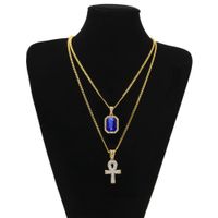 Wholesale Gold chains Pretty Egyptian Ankh With Red Ruby Cross Pendant Necklace Set Men Bling Hip Hop Jewelry