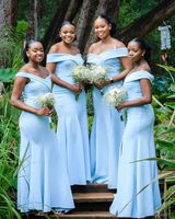 Wholesale Plus Size Elegant Sky Blue Mermaid Bridesmaid Dresses Cheap Off Shoulder Side Split Satin Long Wedding Guest Dresses