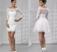 Wholesale Modern Short Wedding Reception Dresses Gown White Detachable Skirt Scoop Neck With Sleeves Lace Dress Bridal Gowns