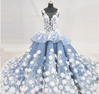 Wholesale 2019 White and Sapphire Blue Scoop Cap Sleeve Ruffles Ball Gown Wedding Dress Pakistani Indian Bridal Wedding Dress with D Folwers
