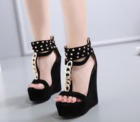 Wholesale 2020 Fashion Womens Gladiator Sandals Sexy T Strap Metal Chain Rivets Buckle High Heels Platform Wedge Shoes Size To