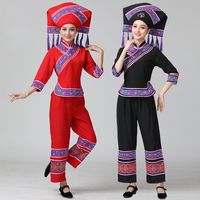 Wholesale Guangxi zhuang costume tujia and miao Outfit yi minority dance dress female minority Holiday party clothing Hat Jacket Pants