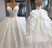 Wholesale Luxury Elegant Straps Spaghetti Full Lace Wedding Dresses Illusion Bodices Lace Appliqued Long Court Train Wedding Bridal Gowns BC2166