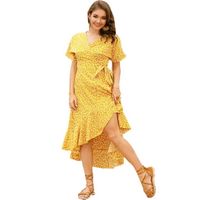 Wholesale Women Short Sleeve Wrap Maxi Dress How Low Hem Waist Belted Casual Long Floral Print Dress