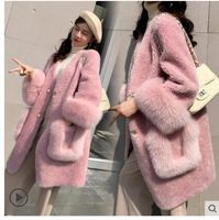 Wholesale New fashion women s thickening warm faux lamb fur v neck long sleeve faux fox fur cuff patched medium long loose coat casacos SMLXLXXL