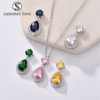 Wholesale Fashion Teardrop Cubic Zirconia Stud Earrings Pendant Necklace for Women Silver Chain Charm Engagement Bridesmaid Wedding Jewerly Y