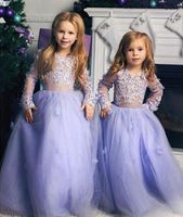 Wholesale Lovely Lavender Flower Girl Dreses Vintage Long Sleeve Toddler Kids Pageant Gowns Appliqued Ruffles Long Party Birthday Dress For Teens