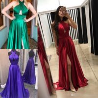 Wholesale Sexy Fashion Halter Prom Dress Red Formal Evening Dresses Slit With Cut Out Bodice Special Occasion Dresses Mopping Long Section Empire