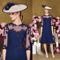Wholesale 2019 Sexy Navy Blue Pleats Mother Of the Bride Groom Dress Half Sleeves Appliques Knee Length Evening Gown Dresses