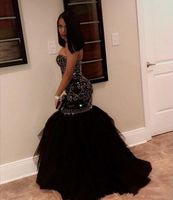 Wholesale 2022 Black Long Prom Party Dresses Sexy Major Beaded Cascading Mermaid Floor Length Formal Wear Strapless Evening Gowns