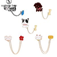 Wholesale Cartton Cat Fish Dog Bone with Chain Brooches Cute Animal Enamel Pin Shirt Jackets Collar Button Badge Pin Gift Jewelry Accessory