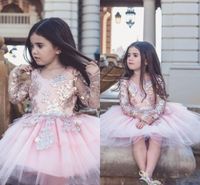 Wholesale 2019 Lovely Blush Pink Tulle Flower Girl Dress Cute Long Sleeve Sequined Ball Gown Princess Girl Formal Party Birthday Pageat Wedding Gown