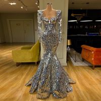 Wholesale 2020 New Sparkly Sequin Silver Mermaid Prom Dresses Long Sleeve Arabic Evening Dress Dubai Long Elegant Women Formal Party Gala Gowns