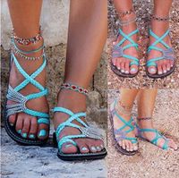 Wholesale 2019 European and American ladies new fashion rope knots set flat sandals beach shoes large size