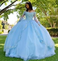 Wholesale Sky Blue Lace Beaded Vintage Quinceanera Prom Dresses V neck Long Sleeves Ball Gown Tulle Evening Party Sweet Dress robes de soiree