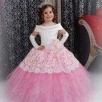 Wholesale Vintage Flower Girl Dresses White Satin Pink Puffy Toddler Ball Gown Communion Girl Frock Design Abiti Da Comunione Vestido