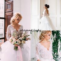 Wholesale Lace Country Wedding Dresses With Sleeve V Neck Tiered Tulle Indian Wedding Dresses Winter Royal Low Back Bridal Gown