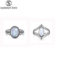 Wholesale New Vintage Artificial Moonstone Women Silver Rings European Fashion Punk Style Wedding Engagement Rings Jewelry Z