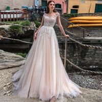 Wholesale 2020 Sexy Sheer Illusion V Shape Back Wedding Dresses Appliques Lace Bridal Gowns Tulle Women Vintage Wedding Wear Custom
