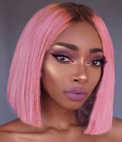 12a Pelucas Delanteras Del Cordón Del Pelo Humano Ombre Pink Color Brasileño Remy Hair Bob Corte De Pelo Con Nudos Blanqueados Prepluidos Rayita