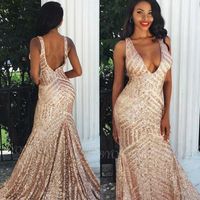 Wholesale 2020 Backless Rose Gold Deep V neck Sexy Mermaid Prom Dresses Sequins Prom Dresses Open Back Pageant Gowns Custom BC3471
