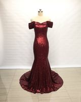 Wholesale Sequins Mermaid Evening Prom Dress Off the shoulders With Sleeves Ruched Burgundy Full Length Cheap Formal Red Carpet Celebrity Dress