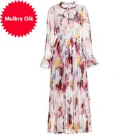 Wholesale Summer Fashion Runway Elegant Dress Women s Long Sleeve Beautiful Floral Print Chiffon Pleated Mid Calf Dress