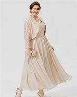 Wholesale Champagne Ankle Length Chiffon Mother of the Bride Dresses With Long Sleeves Lace Jackets Wedding Guest Prom Dress