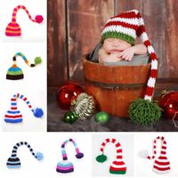 Wholesale Baby Handmade Knit Santa Hat Girl Crochet Xmas Caps Boy Christmas Pompom Hats Infant Long Tail Stripe Beanies Cap TTA2139