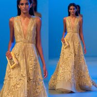 Wholesale 2019 Elie Saab Yellow Prom Dresess Deep V Neck A Line Sleeveless Bling Beads Evening Dress D Floral Appliques Lace Formal Party Wear