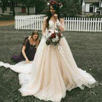 Wholesale Nude Tulle White Lace Wedding Dress Illusion Long Sleeve Sheer Neck Light Champagne Romantic Garden Bridal Gowns Vestido De Noiva