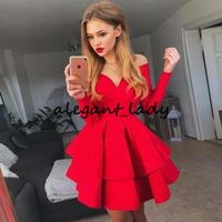 Wholesale Red Sheer Neck A line Homecoming Dresses With Long Sleeve Ruffles Tiered Skirt Satin Prom Dress Mini Cocktail Party Gowns