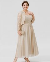 Wholesale Plus Size Ankle Length Champagne Chiffon Mother of the Bride Dresses With Long Sleeves Lace Jackets Wedding Guest Dress